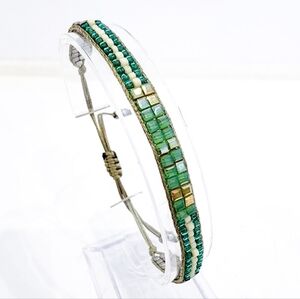 Boho dainty bracelet petite seed beads adjustable length green golden lime gold